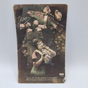 Antique French Postcard 1er Avril Humor Romantic Designed Printed In France 1919